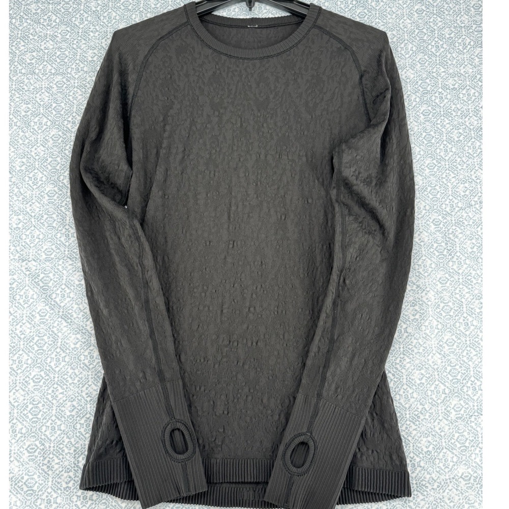 Lululemon Rest Less Pullover Long Sleeve Black Jacquard Knit Thumbholes Sz 10